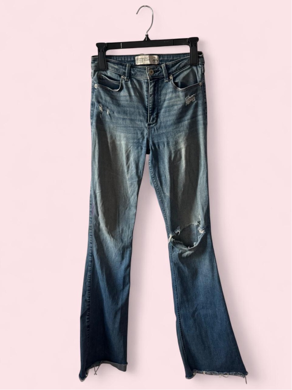 Abercrombie & Fitch High-Rise Distressed Bootcut Jeans in Blue Wash